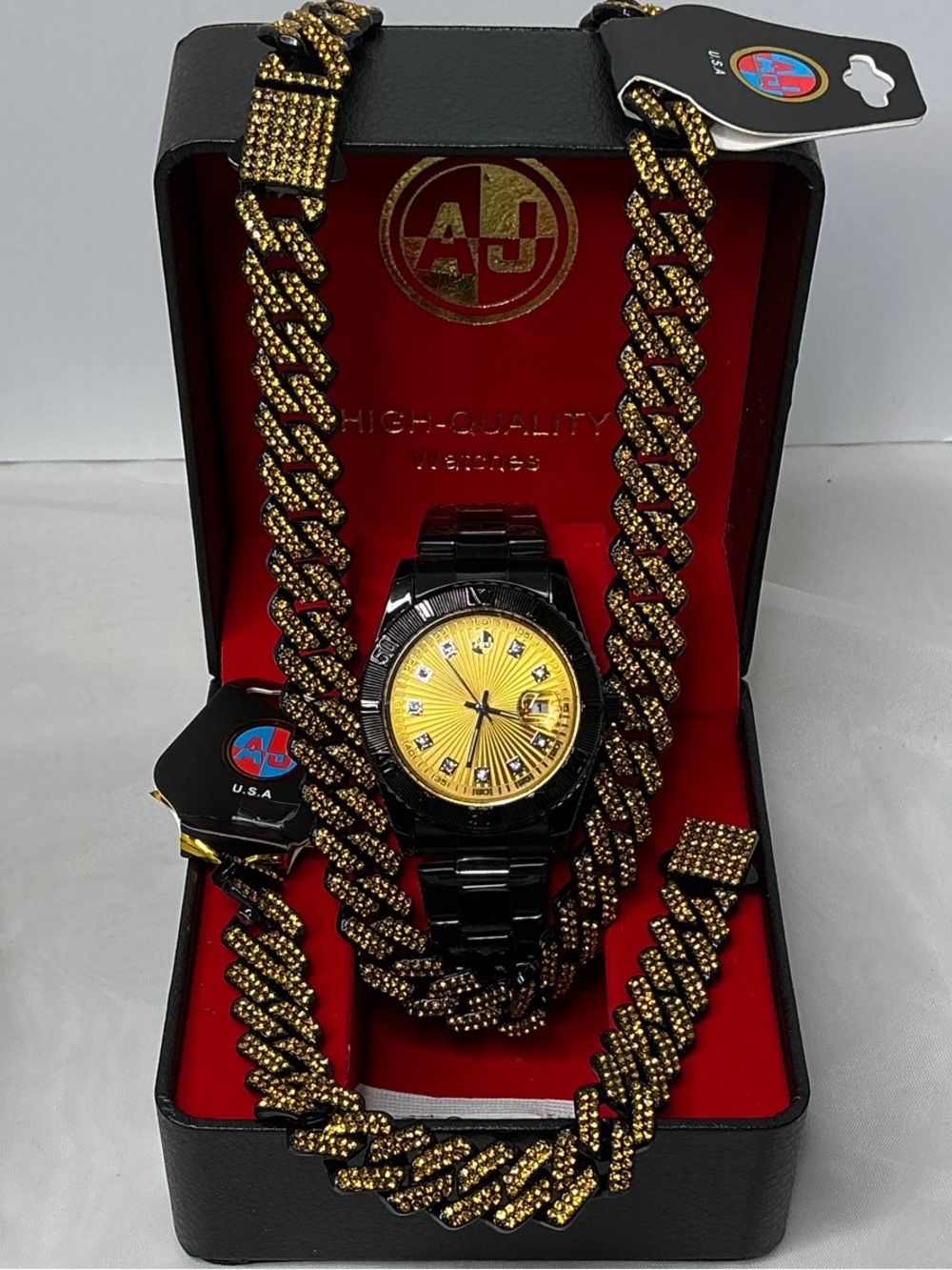 Men’s Black Bracelet Watch with Gold Dial and Gold-Tone Cuban Chain and bracelet
